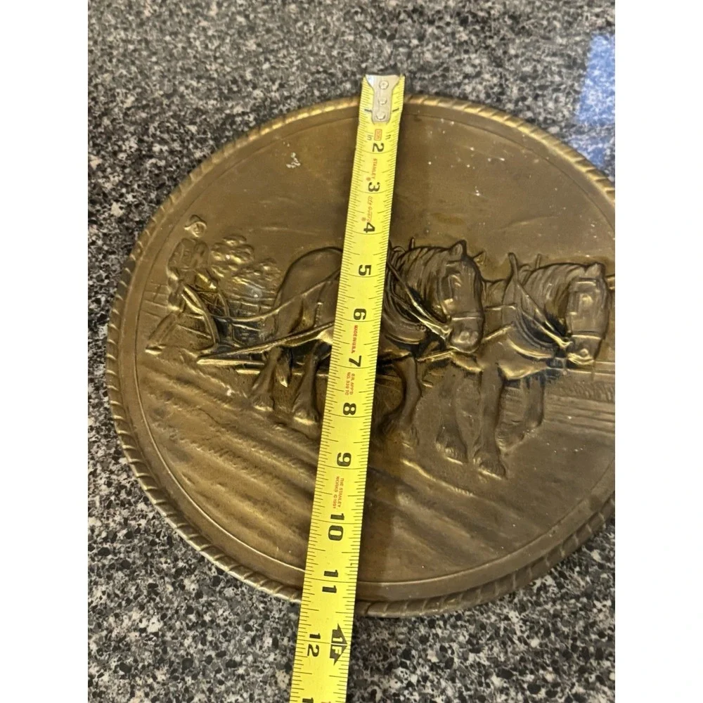 Vintage Embossed Brass Wall Plate Decorative Plate Made in England Horse & Plow